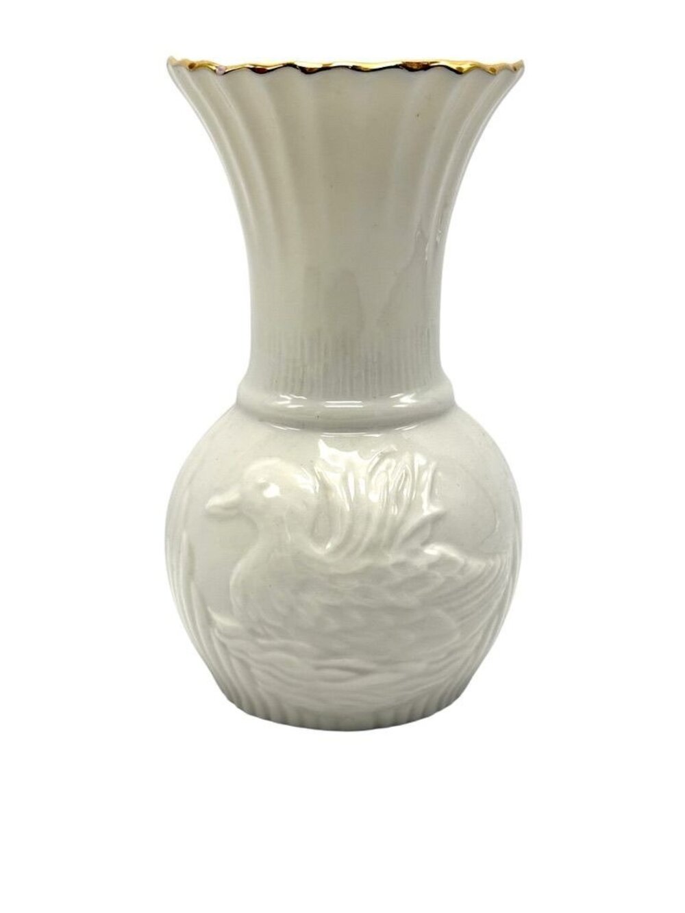 Belleek Collectors Society Ivory Mallard Duck Gold Trim Vase